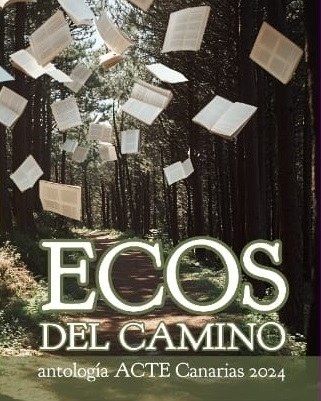 Portada de Ecos del camino: libros abiertos volando sobre un pinar